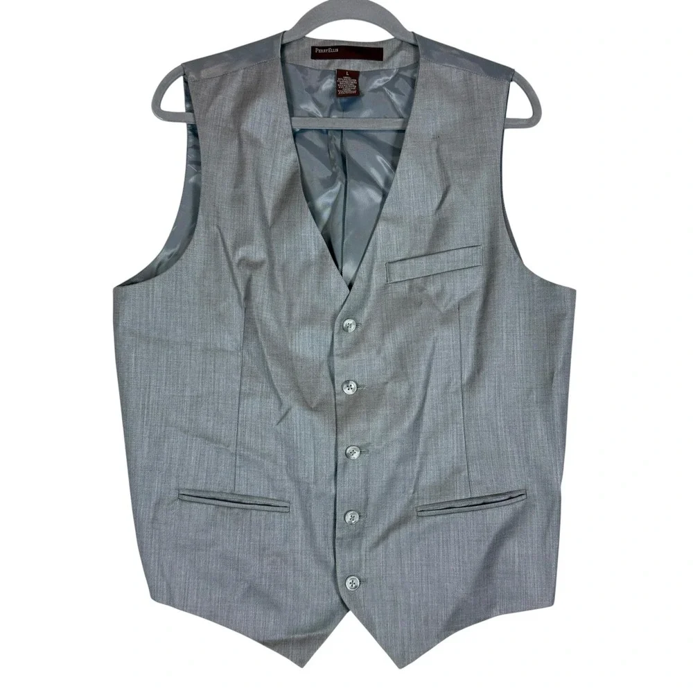 Perry Ellis Suit Vest Mens Large Gray 3 Piece Belted Back Formal Dress Wedding
